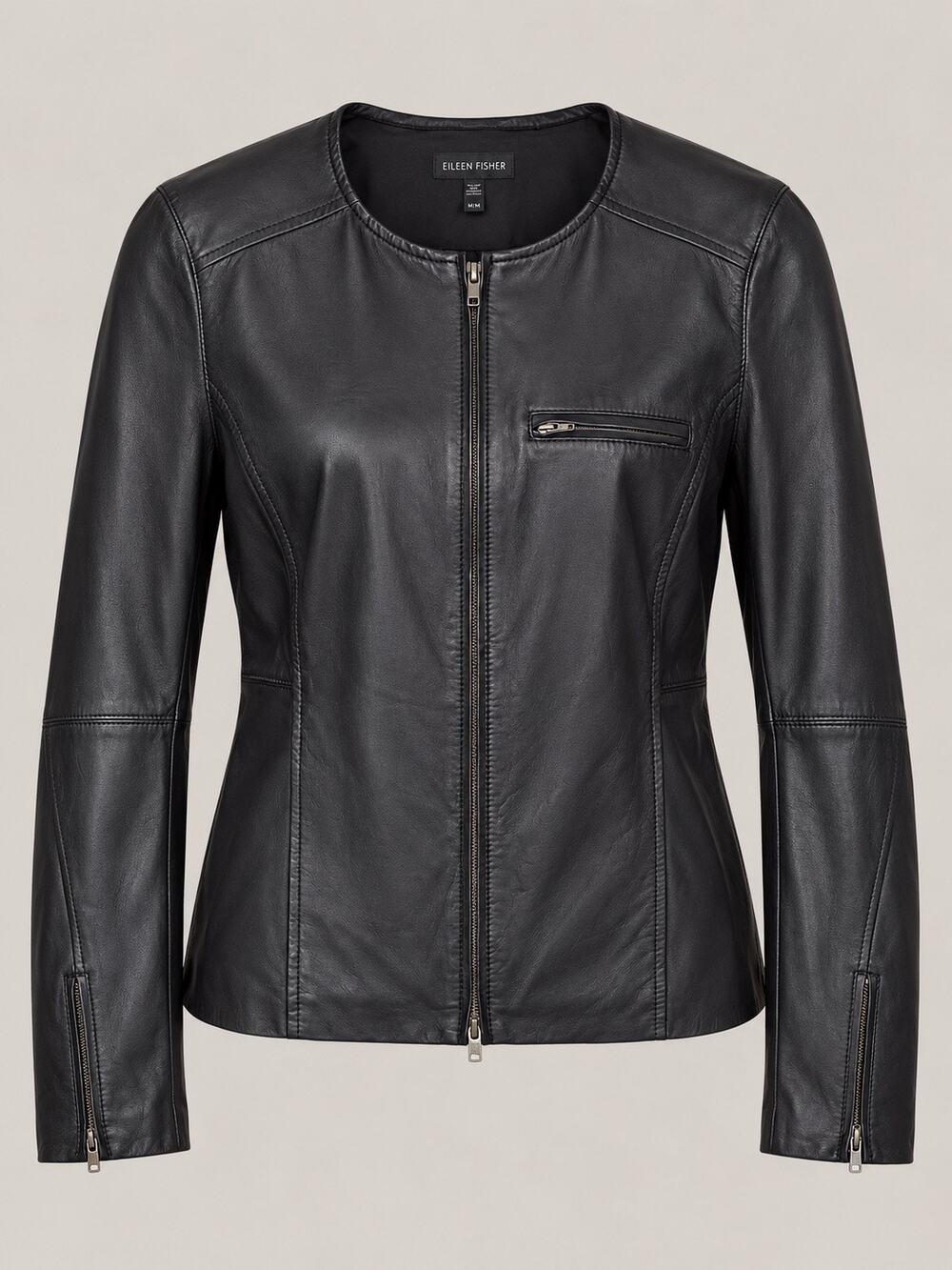 Eileen Fisher M Black 100% Lamb Leather Jacket Zip Front Collarless